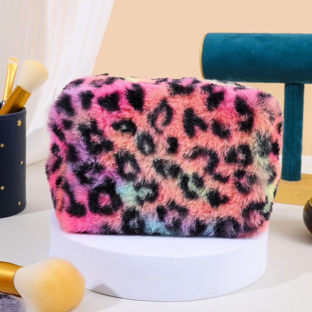 Large Capacity Leopard Print Plush Makeup Bag Cosmetic Storage Bag Zipper Toiletry Bag Wash Pouch Travel Organizer