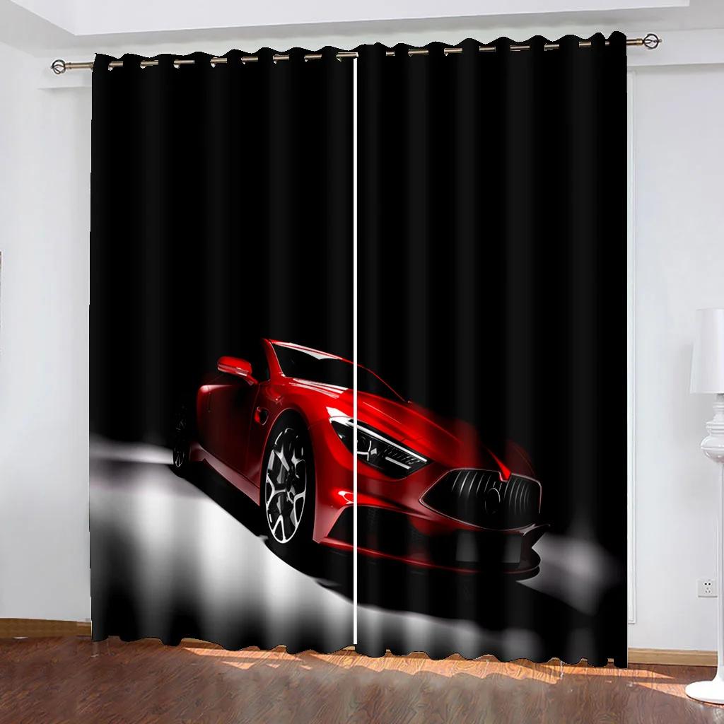 Schwarzes cooles Sportwagen-Filmdruckmuster, moderne Vorhänge für Jungen, Fenstervorhänge für Wohnzimmer, Schlafzimmer, Küche, 2-teiliges Dekor