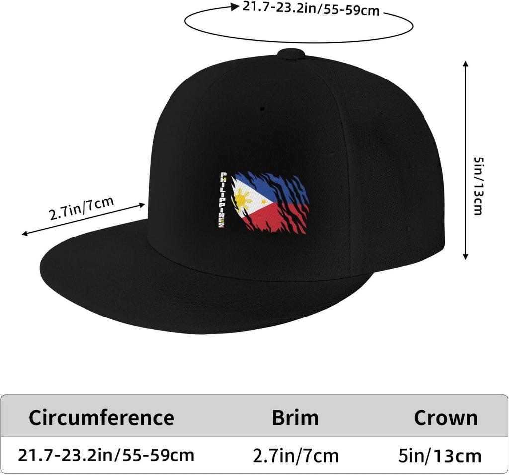 Boné de Baseball Snapback com Gráfico Desgastado da Bandeira das Filipinas Chapéu Hip Hop Ajustável com Aba Reta para Homens Mulheres