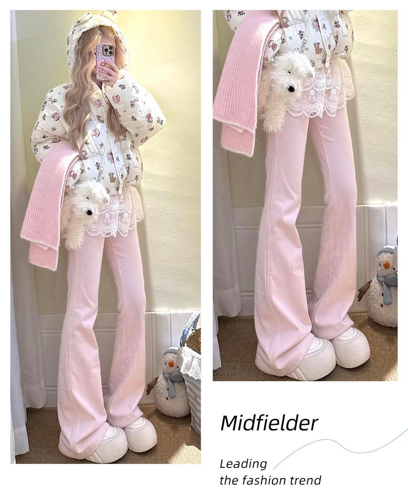 Winter 2025 Women's High-Waisted Pink Fleece-Lined Micro-Flare Sweatpants - Petite Size.