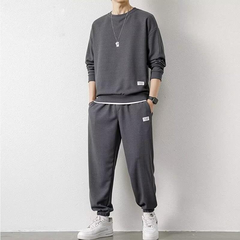 Men's Autumn Oversized Waffle Weave Suit Youth Loose-fitting Casual Sweatshirt + Sweatpants Simple Casual Two-piece Set