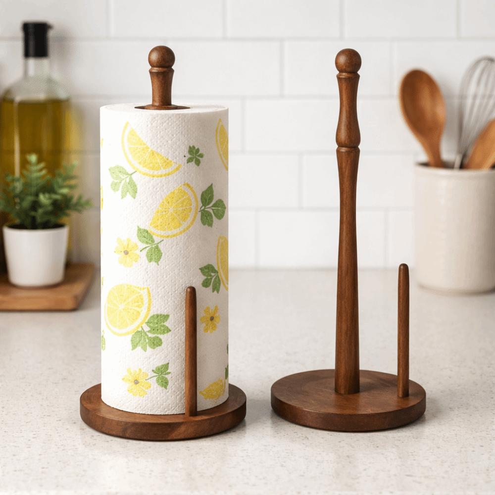 Freestanding Wooden Paper Towel Holder Stable Anti-Skid Disposable Paper Holder Space Saving Vertical Tissue Stand for Kitchen