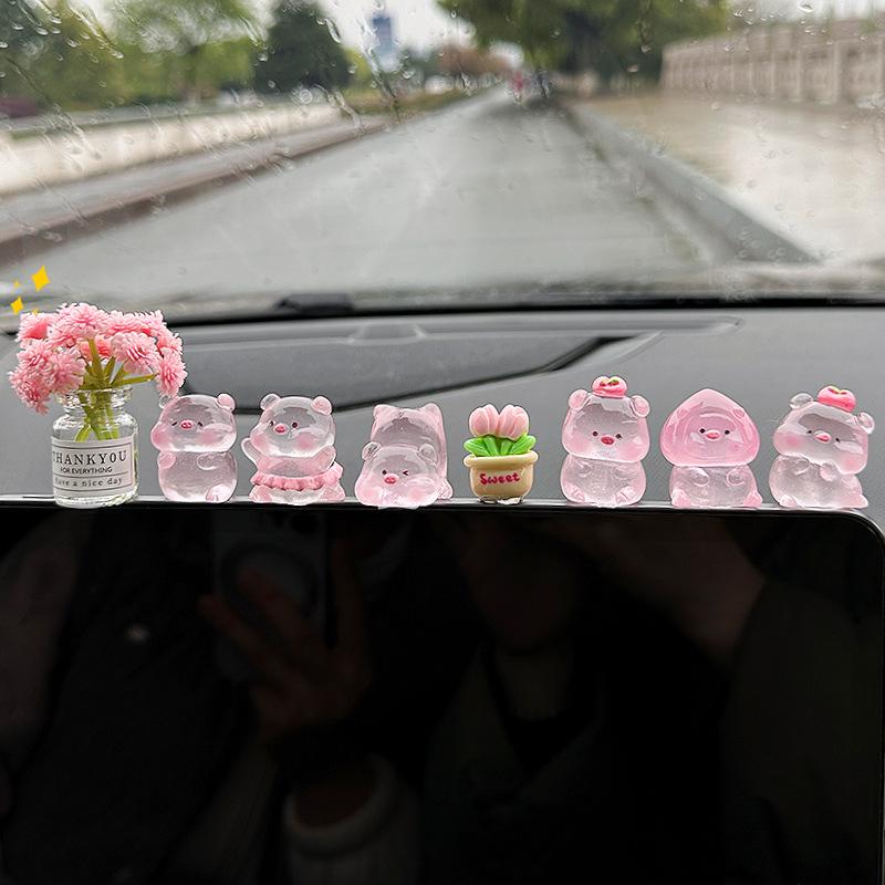 1 Set Cute Car Ornaments Cartoon Resin Piggy Model Car Center Console Decoration Auto Interior Dashboard Accessories