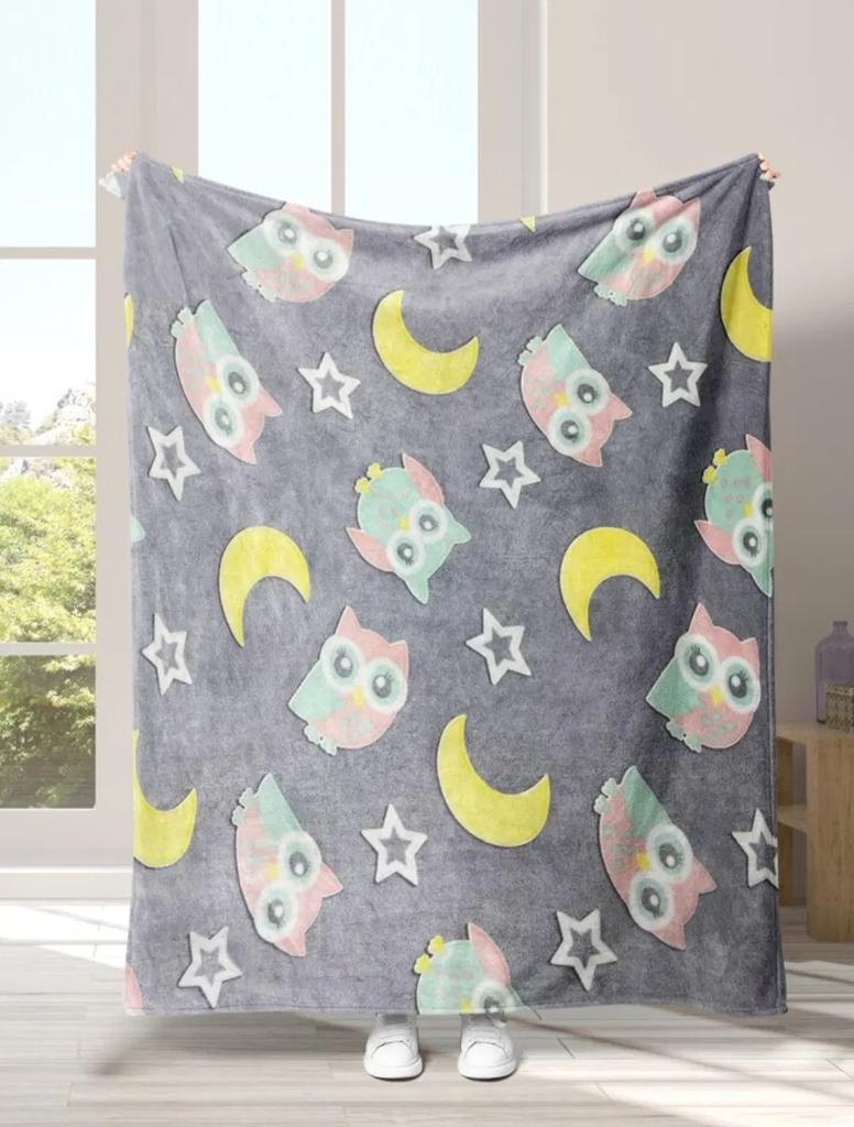 Glow in the dark blanket 150x200 owl with moon and stars in the background