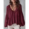 2026 Spring and Autumn Casual Sweet Ruffled Puff Sleeve Pleated Shirt Women's V-Neck Top