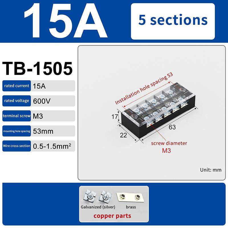 1Pcs Dual Row Barrier Screw Terminal Block Wire Connector 15A 600V For Tb Series 3 4 5 6 8 10 12 15 Positions Ways