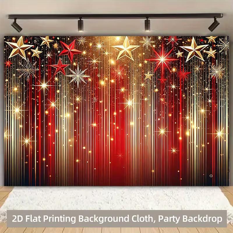 2D Flat Red Gold Streamer & Star Backdrop, Shiny New Year Party Photo Background Cloth