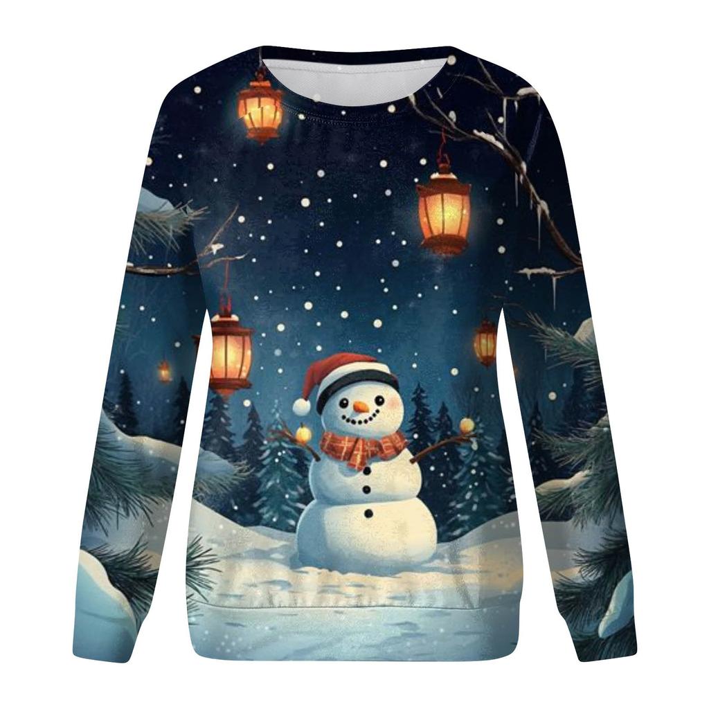 Women's Casual Fashion Christmas Print Long Sleeve Round Neck Pullover Top Blouse Sweatshirt