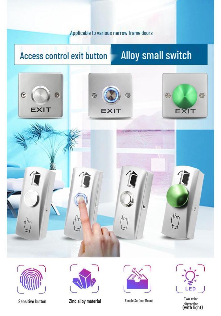 Narrow Frame Metal Exit Button Switch, Surface Mounted, Self-Resetting, Normally Open/Closed, Mini Type with Back Box.