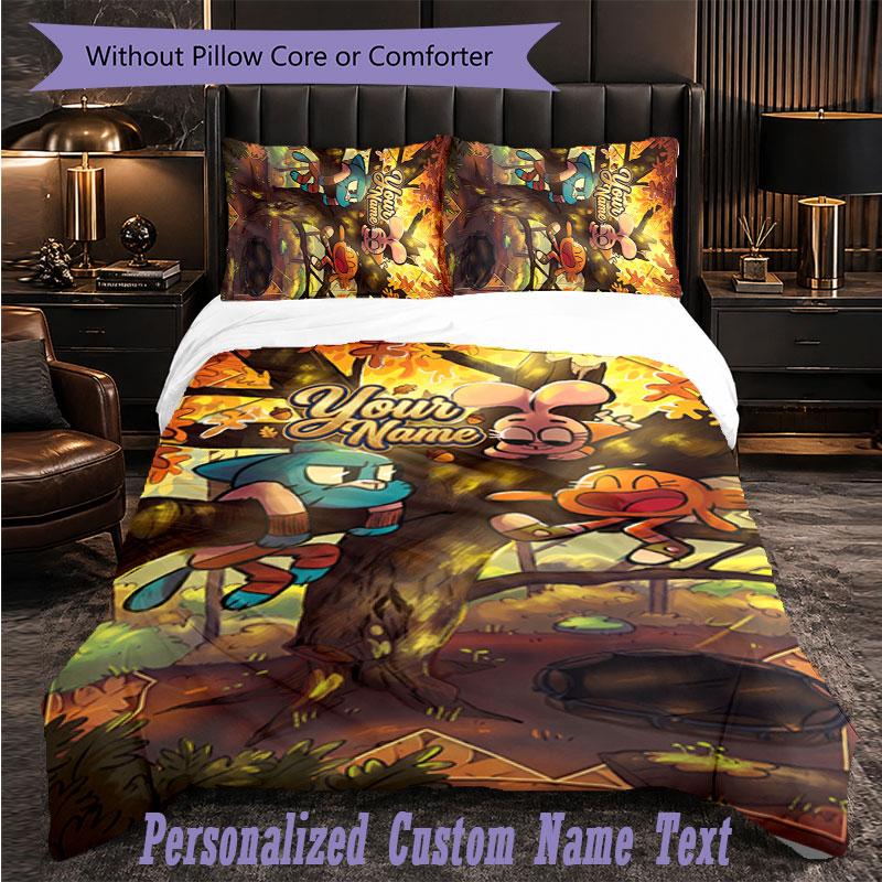 Set de Lenjerie de Pat Personalizat 3 Bucăți Lumea Uimitoare a lui Gumball Husa de Plapumă cu Text Personalizat Set de Fețe de Pernă Cadou pentru Dormitor