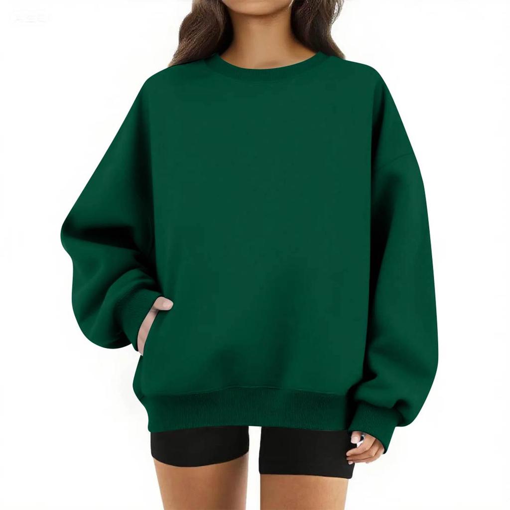 Women's Round Neck Tops Cotton Women's Casual Fashion Long Sleeve With Pocketed O-Neck Pullover Top Blouse