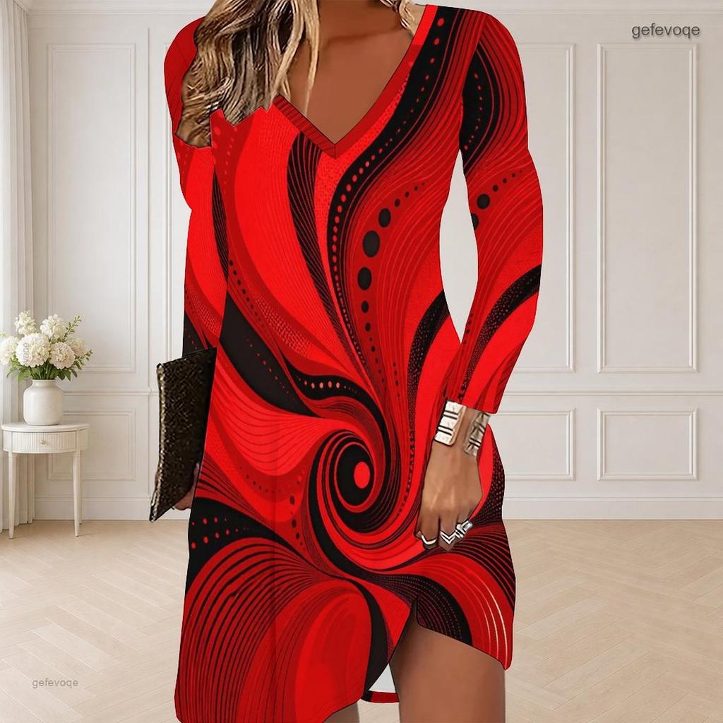 Women Plus Size V Neck Long Sleeve Marble Printed Dark Teal Black Gold Curved Hem Dress