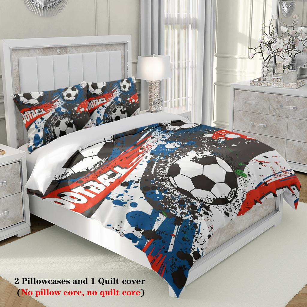 3pcs Cartoon football pattern printed bedding set, 1*duvet cover+2*pillowcase, for teenagers and adult bedroom, birthday gift