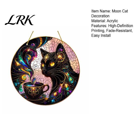 Decorative Craft Board Tag Moon Cat Halloween Window Hanging Decor, Mystical Black Round Sign Door Plaque for Indoor Outdoor Wall Art, Gothic