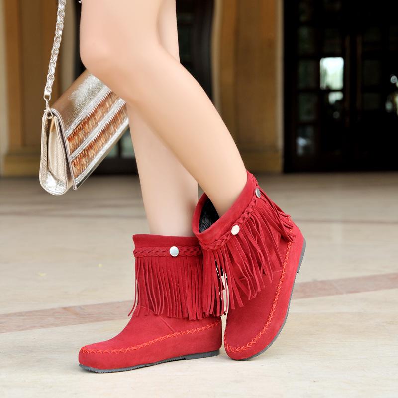 Bohemian Ankle Boots for Women Tassel Fringe Faux Suede Custom Short Boots Inside Height-increasing Shoes Flat Booties WSH5018