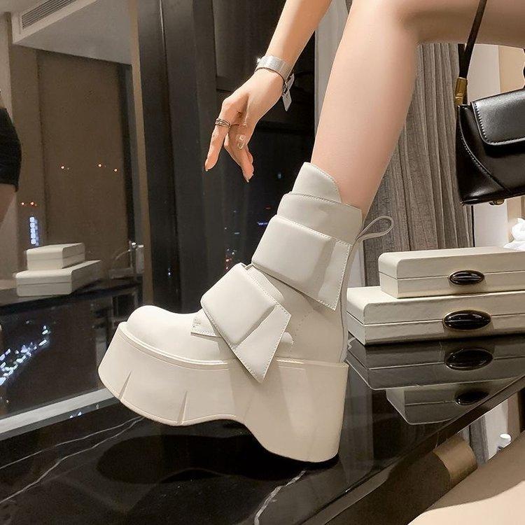 Autumn European Station High Heel Short Boots Women's Muffin Thick Bottom Velcro White Fashion Boots Big Head Martin Boots European Tide