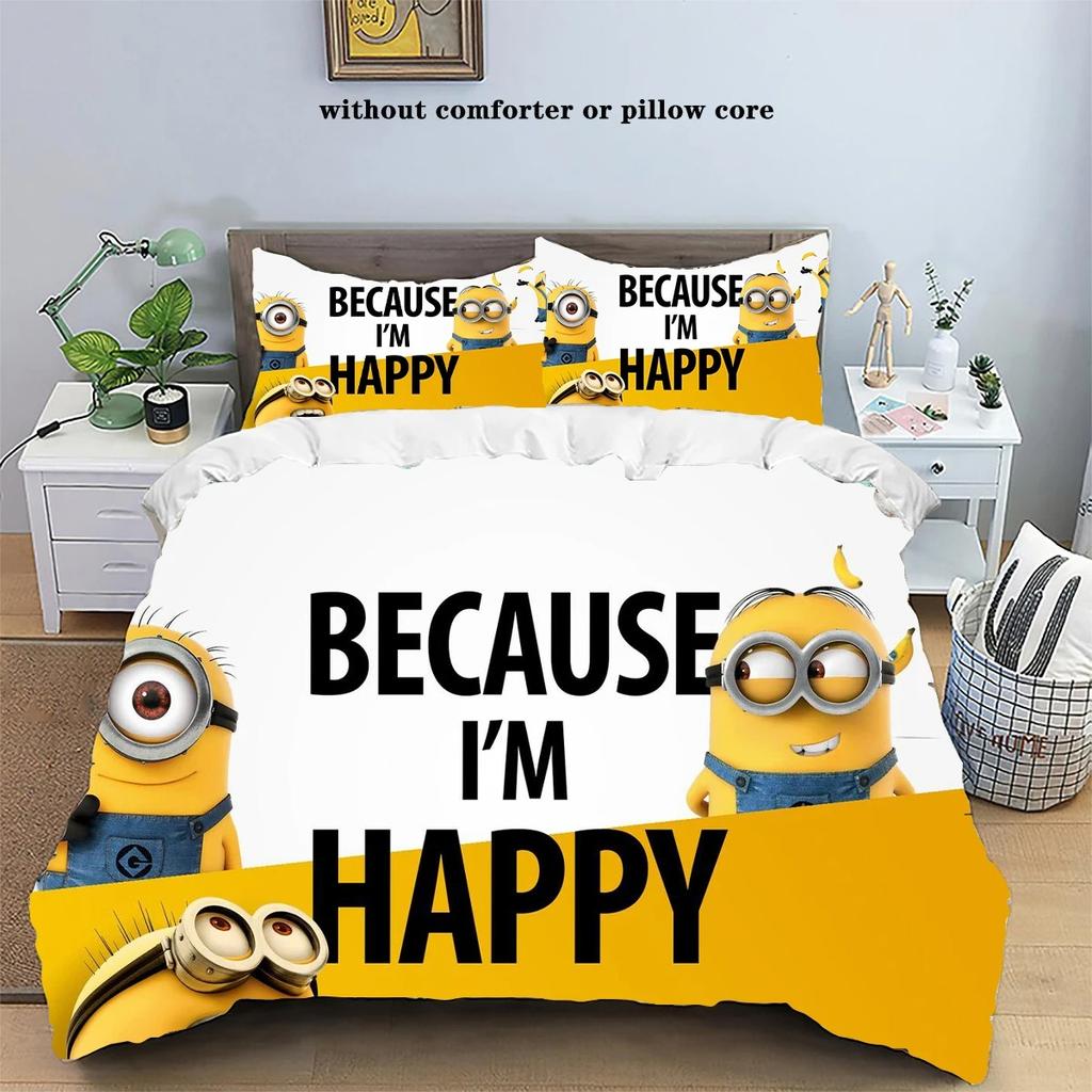 Mini-ons Anime Printed Home Pillowcase Duvet Cover Indoor Bed Comfortable Polyester Three Piece Set Full Size Customizable