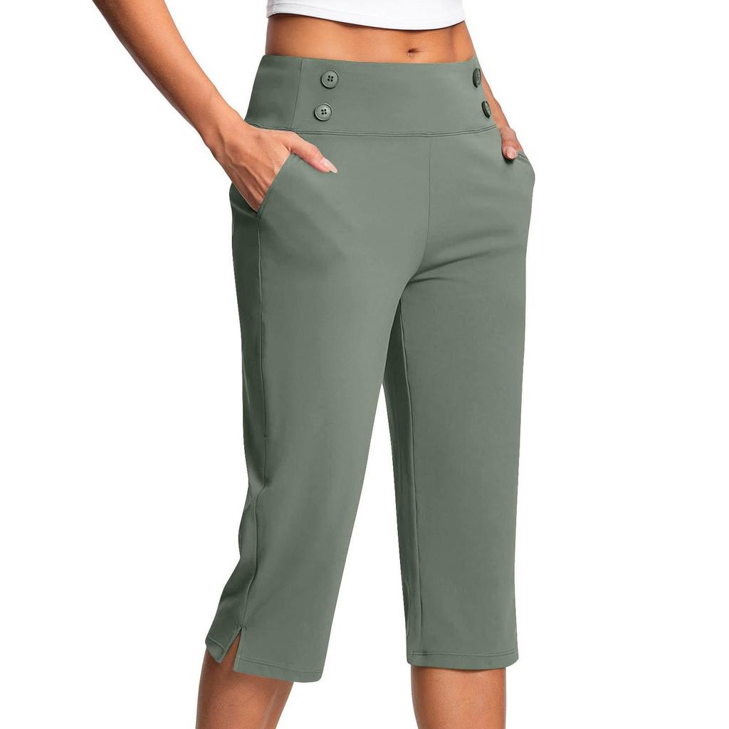 Women's Fashionable Solid Color Button Pocket Pants With Split Hems High Waist Sports Yoga Casual Cropped Pants