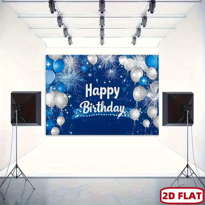 2D Masculine Blue Silver Birthday Backdrop with Firework Pattern Background