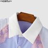 INCERUN Oversized Men Lace Patchwork Lapel Short Sleeve Striped Casual Loose Shirts