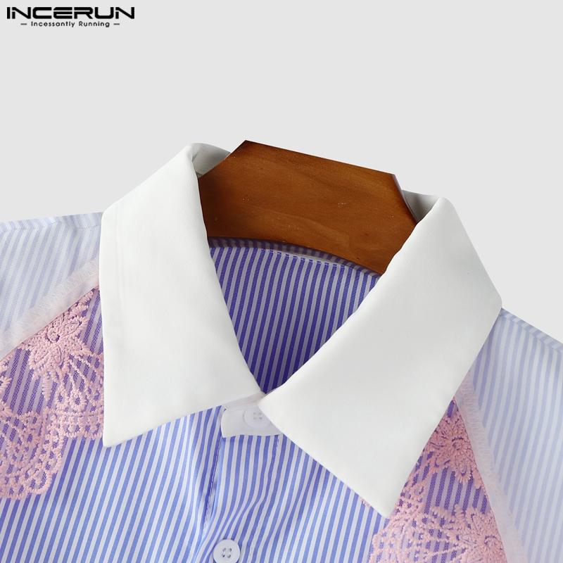 INCERUN Oversized Men Lace Patchwork Lapel Short Sleeve Striped Casual Loose Shirts
