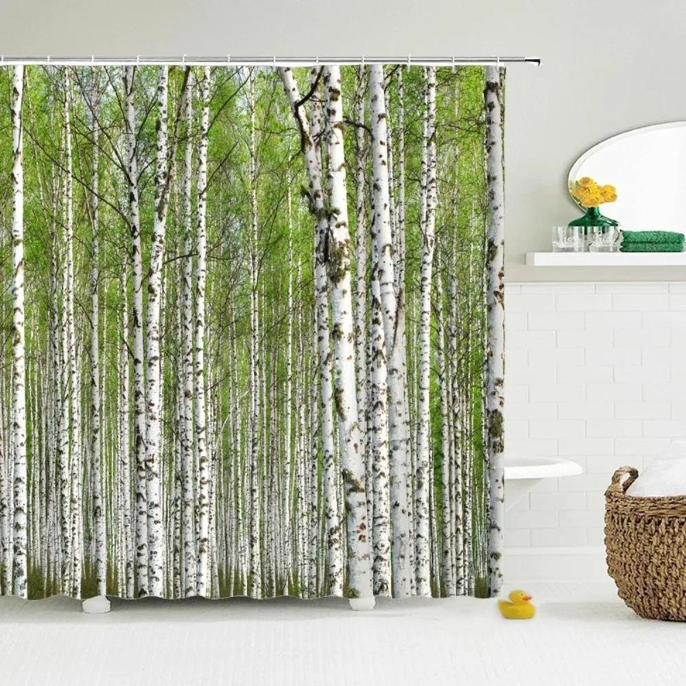 Berkenbomen Boslandschap Douchegordijn Waterdichte Stof Badkamer Gordijnen Natuurlijk Landschap Bad Scherm Met 12 Haken