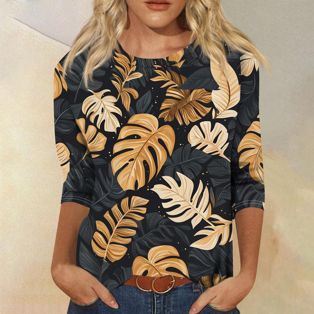Módní vintage top s 3/4 rukávem pro ženy, dámská ležérní halenka s tříčtvrtečním rukávem a kulatým výstřihem s potiskem