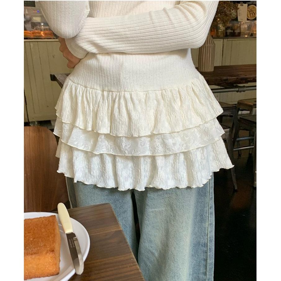 2025 Slim-Fit Lace Trim Half-High Collar Long-Sleeve T-shirt with Layered Cake Skirt