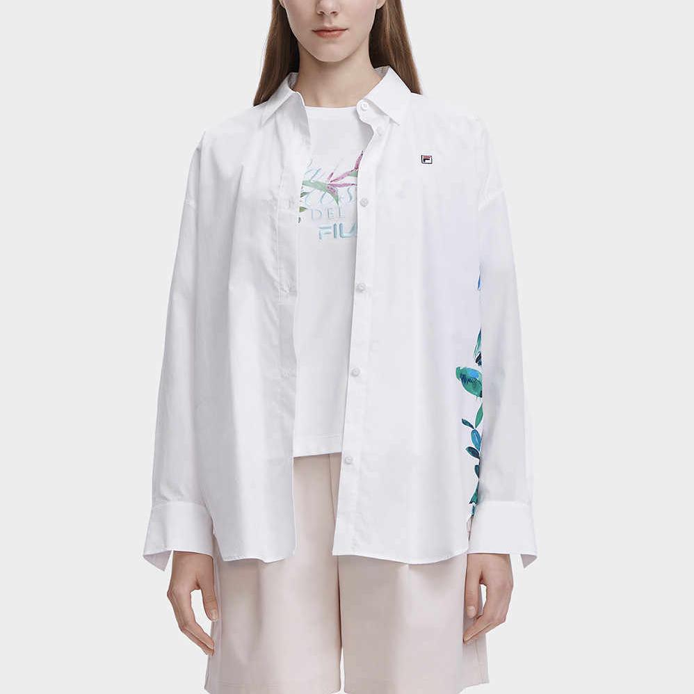 FILA Plant Print Fashion Casual Loose Woven Polo Long Sleeve Shirt Women shirts White F11W328401FWT