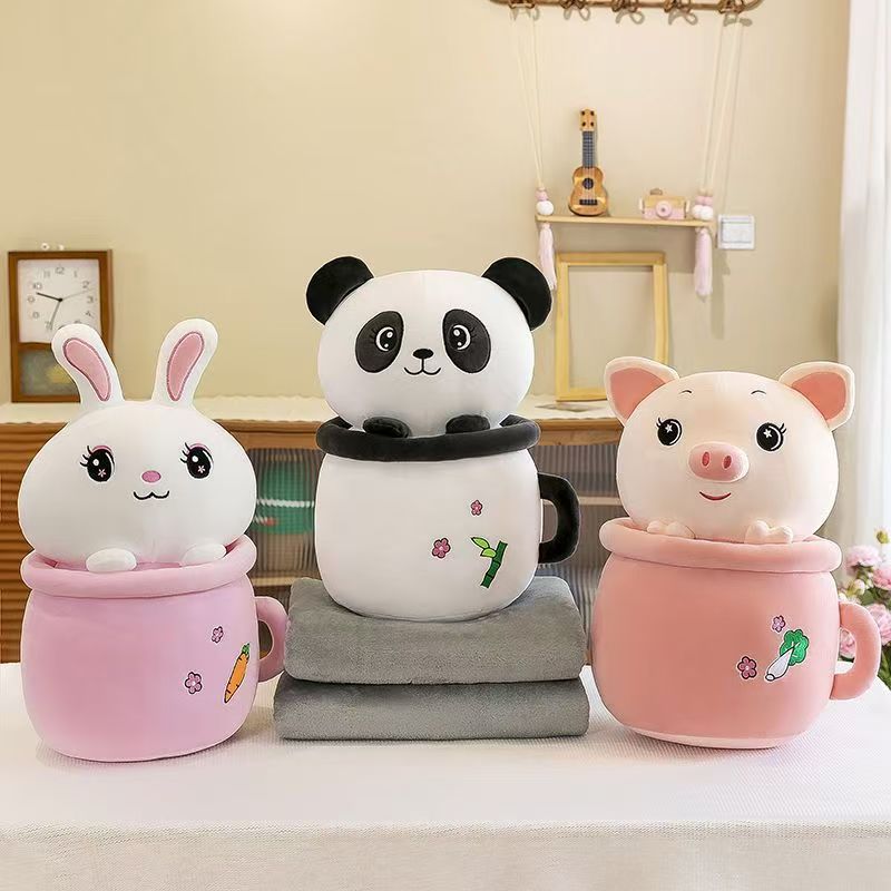 New Milk Tea Cup Piggy Throw Pillow Summer Plush Toy Air Conditioner with Blanket Doll Bed Dormitory Doll