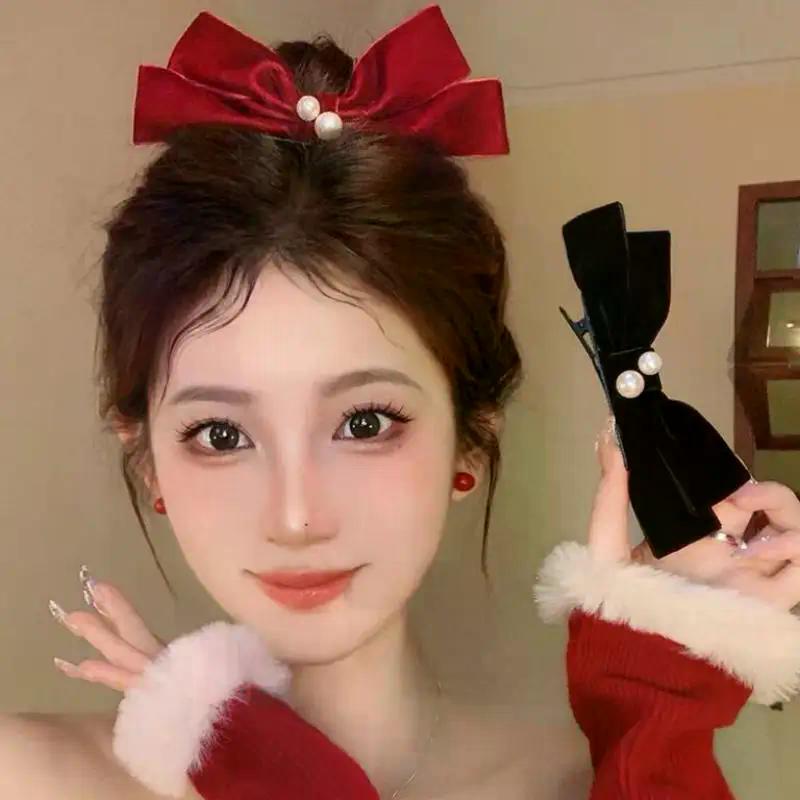 2Pcs Graceful Retro Black/Red Velvet Bow Clip Elegant Two-piece School Party Duckbill Clip For All Seasons Hair Accessories