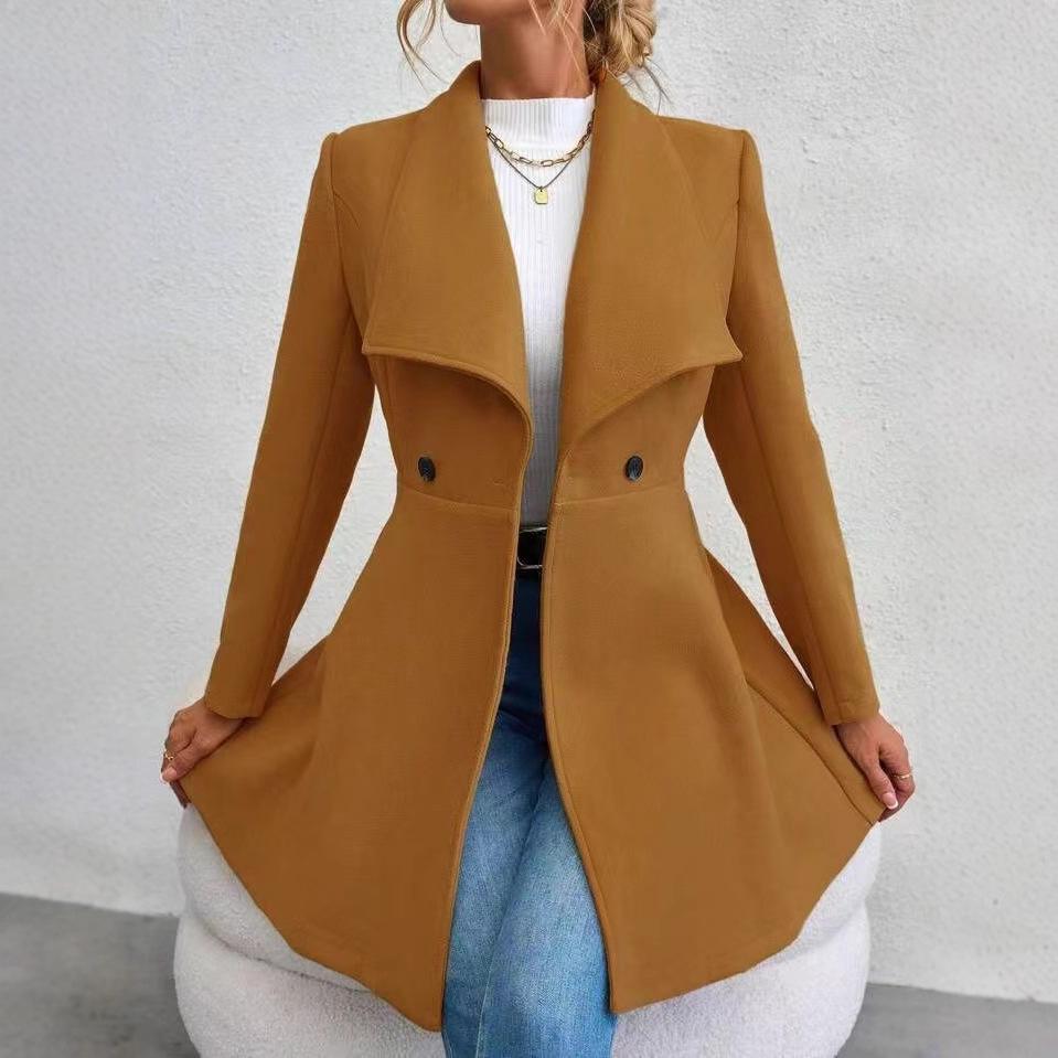 European Autumn/Winter Slim Fit Mid-length Woolen Coat for Women - Elegant Lapel Style