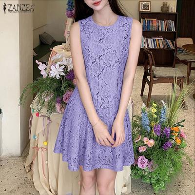 Women Round Neck Summer Casual Sleeveless Patchwork Lace Dress