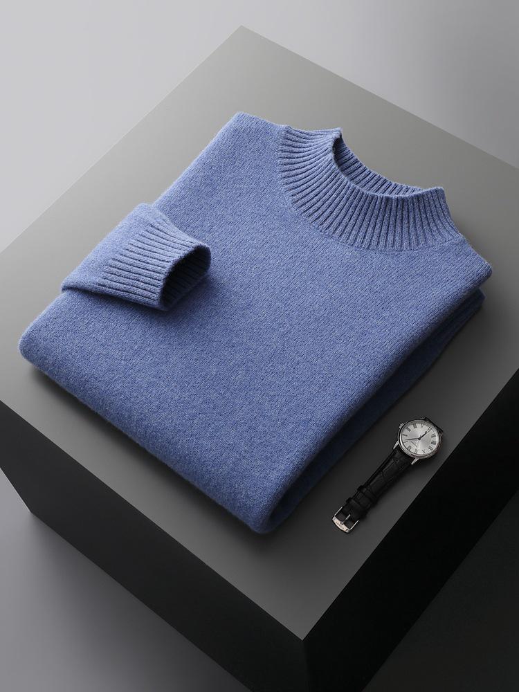 100% Pure Wool Men's Thick Half-High Collar Sweater, Business Fashion Knit Plus Size Sweater.