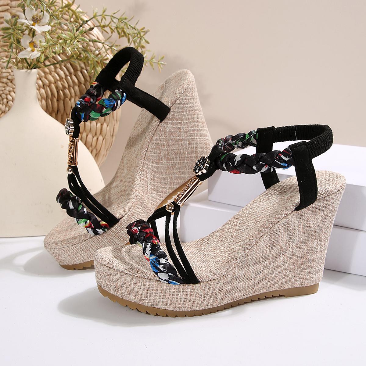 

Women s Summer New Arrival Wedge Heel Chunky Sole Rhinestone Sandals - Plus Sizes 43 чорний