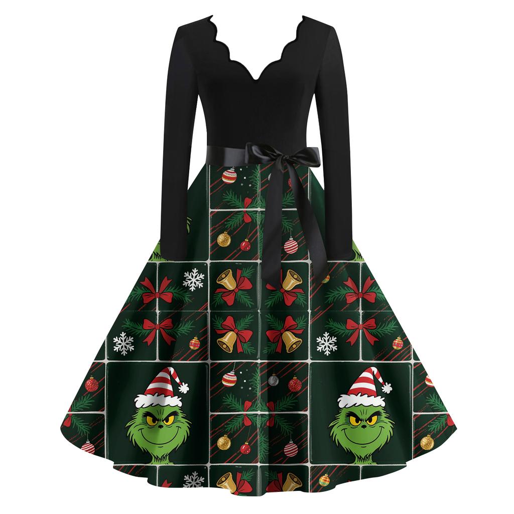 Ladies' Fashionable Retro Long Sleeved Square Neck Christmas Printed Evening Dress Dress