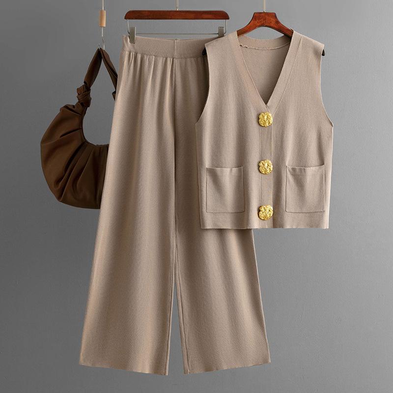 Fashion Suit Women's Summer New Sleeveless Button-knitted Top + Solid Color Casual Wide-leg Pants Two-piece Set