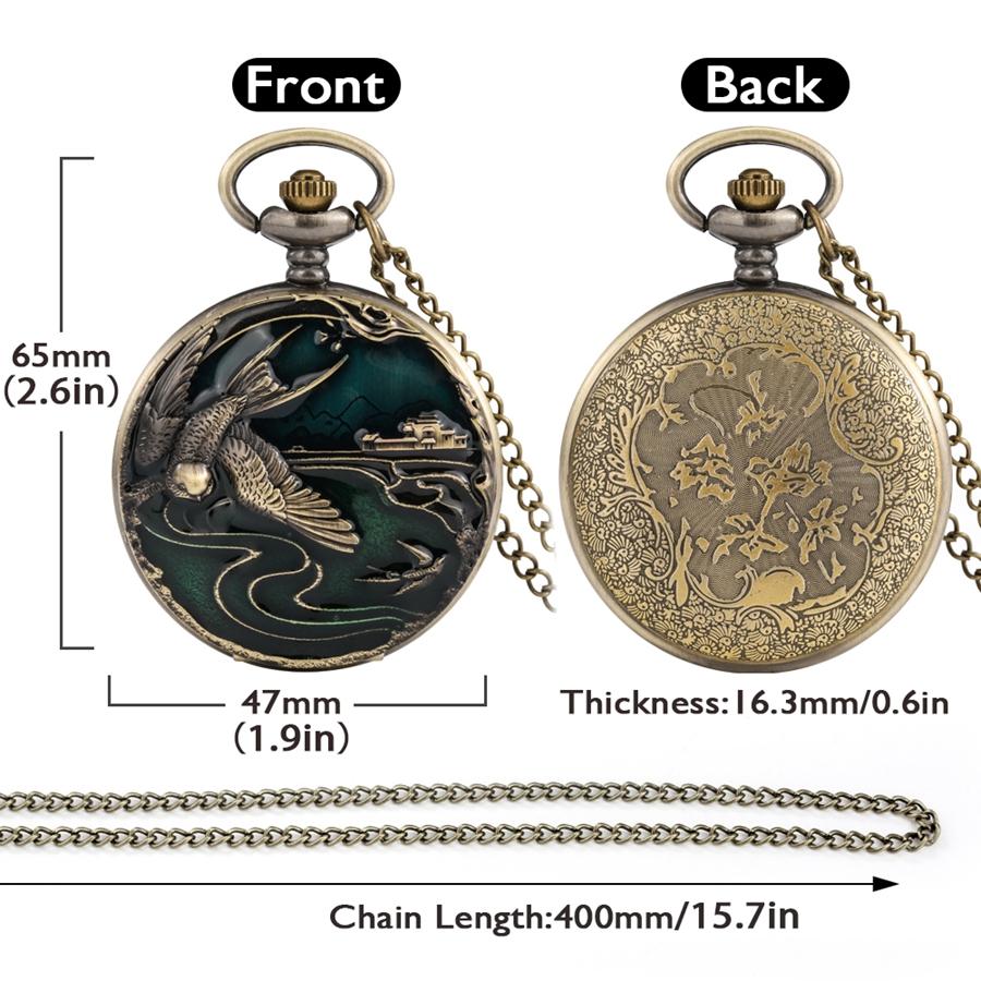 Bronzene Taschenuhr mit Kranich-/Elch-/Elefanten-Tierquarz, rundes Zifferblatt, Taschenhalskette, Anhänger, Pulloverkette, Taschenuhr für Männer und Frauen