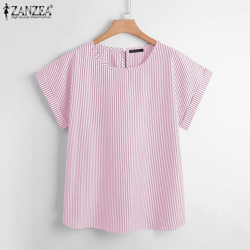 ZANZEA Женская повседневная свободная блузка в полоску с круглым вырезом и короткими — фото 3