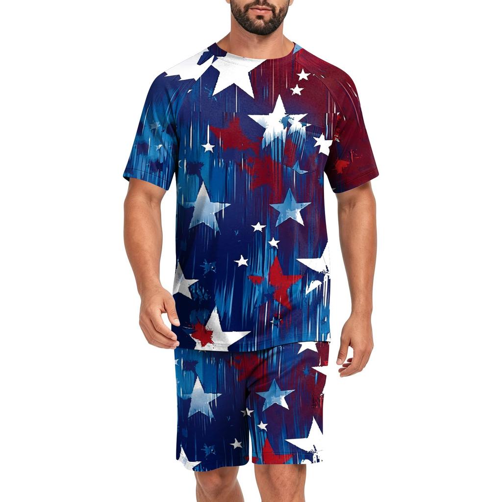 Conjunto de Pijama de Manga Corta para Hombre Ligero Transpirable Ropa de Dormir Top y Pantalones Cortos Cómodo Atuendo de Verano para Estar en Casa
