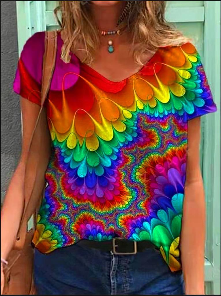 Women's T-Shirts Color Floral Flower 3D Print Summer V-Neck Short Sleeve T Shirt Y2K Tees Oversized Harajuku Top Female Clothing