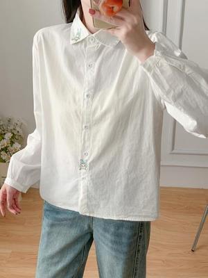 Women's Embroidered Cat Turn-Down Collar Long-Sleeve Shirt, White Pure Cotton, Slim Fit, Versatile Campus Style