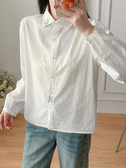 Women's Embroidered Cat Turn-Down Collar Long-Sleeve Shirt, White Pure Cotton, Slim Fit, Versatile Campus Style