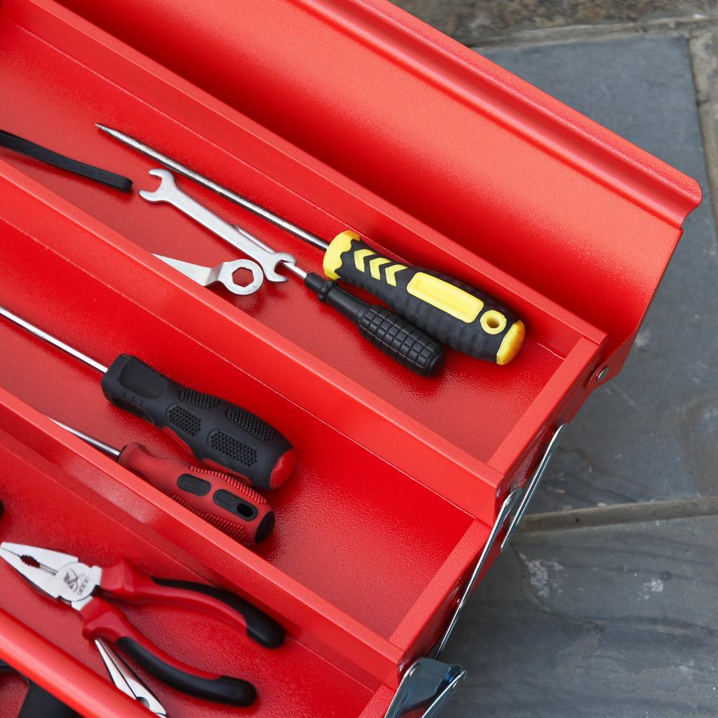 Hinged Steel Tool Chest with 5 Compartments, 56x20x41 cm, Red