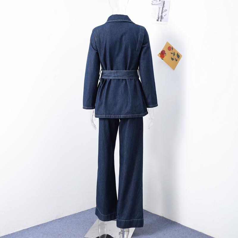 Denim Pants Set Women Belt Lapel Buttons Shirt High Waist Wide Leg Trousers Sets Lady Vintage Single Breasted Top Suit Female