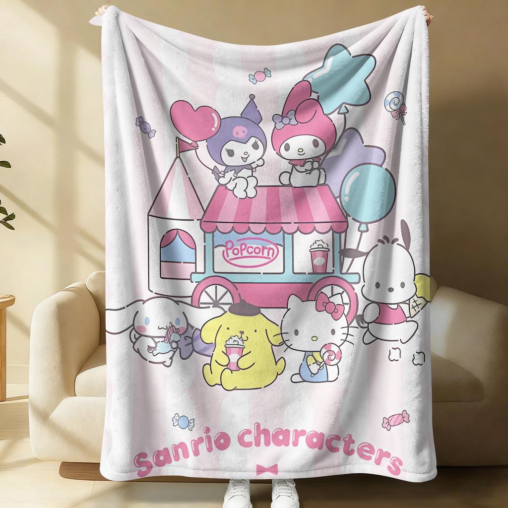 Sanrio All Star Characters Flannel Blanket Kawaii Hello Kitty Kuromi Cinnamoroll Rainbow Print Throw Bed Sofa Room Aesthetic