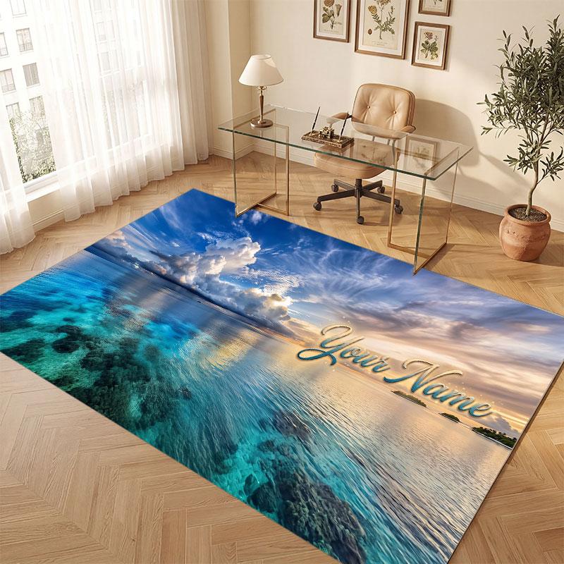 Octopus Sea Life Theme Crystal Velvet Floor Rug Personalized Custom Name Text Warm Carpet Home Decoration