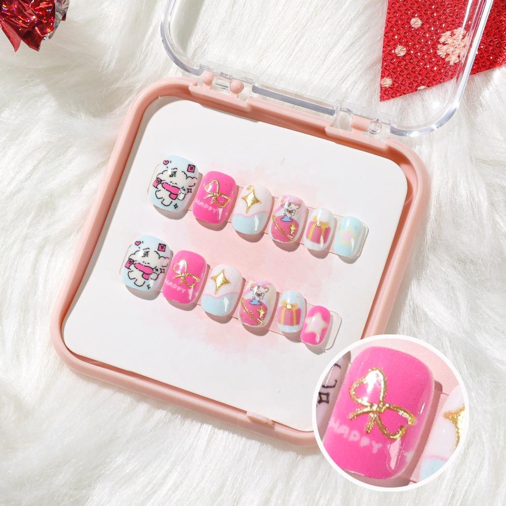 Bowknot Fireworks Kids Cartoon Fake Nails Gilded Cat Eyes Kids Fake Nail Extension  Student