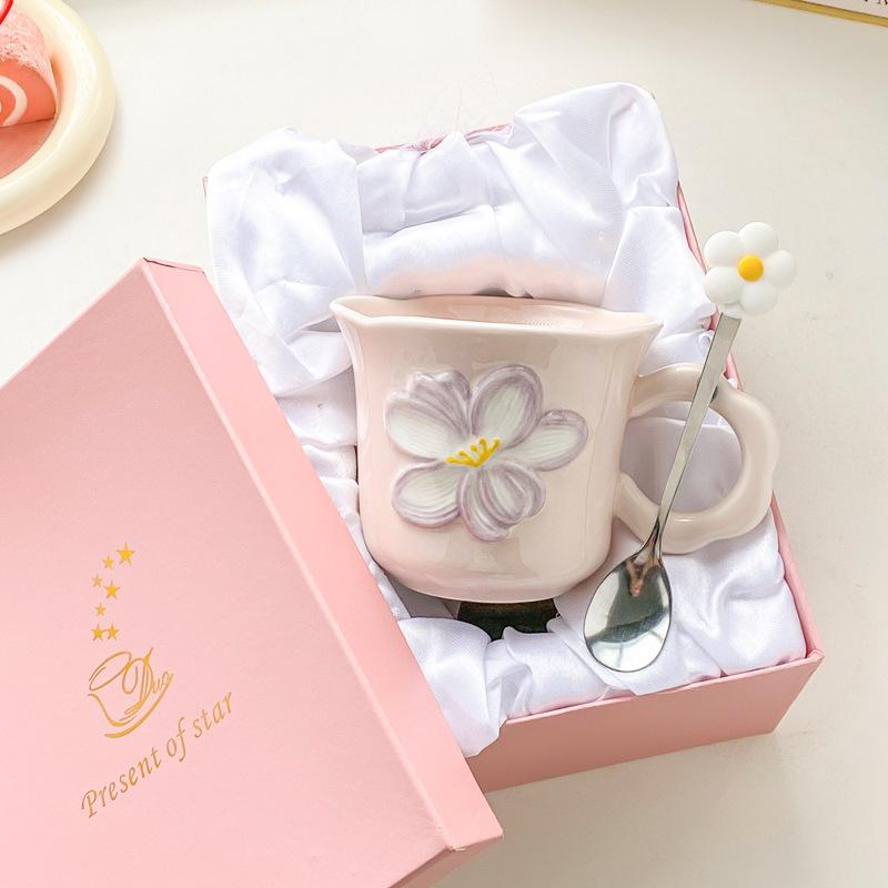 Ins Style High Value Flower Mug Girls Office Ceramic Drinking Cup Korean Coffee Cup Milk Cup