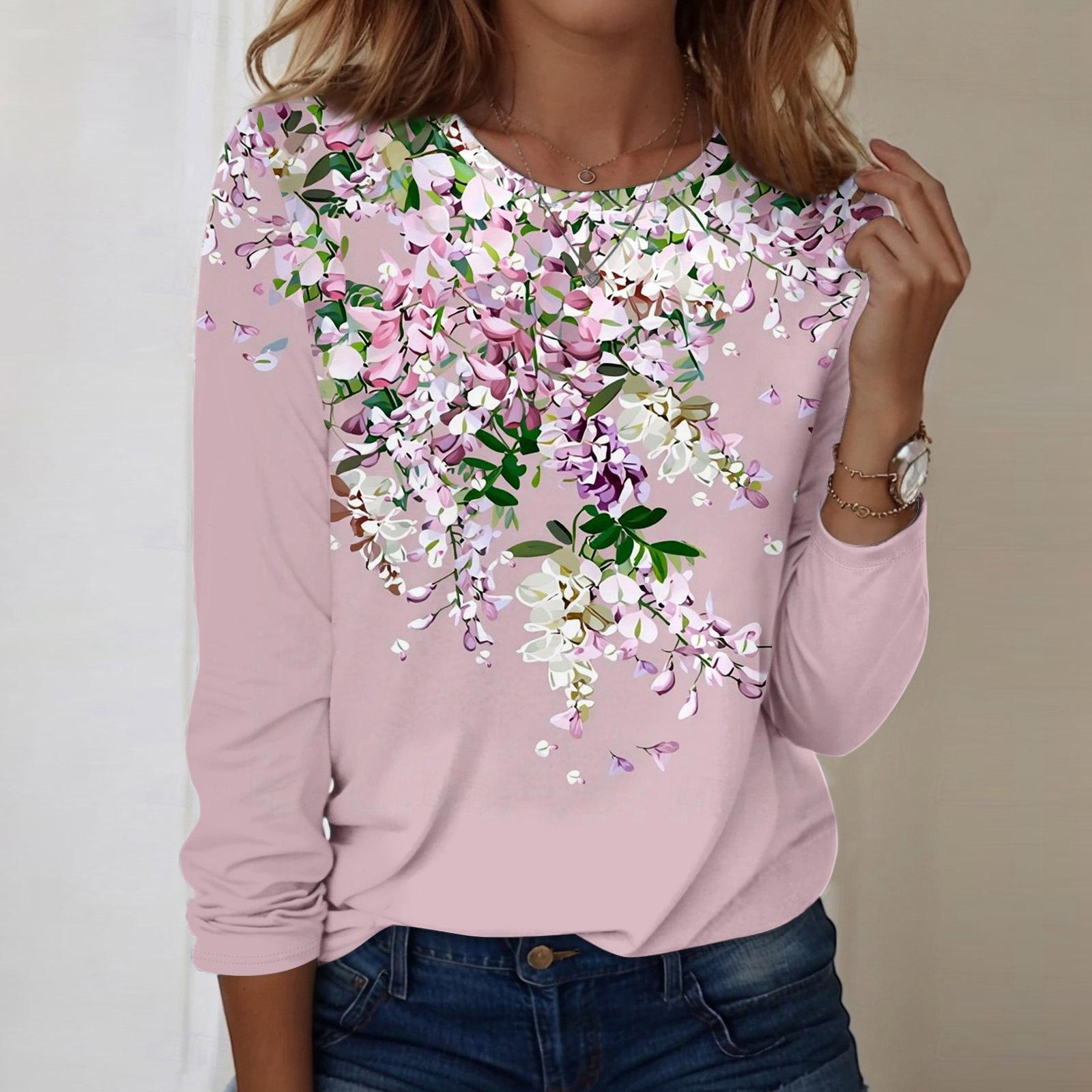 

Рубашки с длинным рукавом для женщин, милые футболки с графическим принтом, блузки, повседневные базовые топы больших размеров, пуловеры M розовый